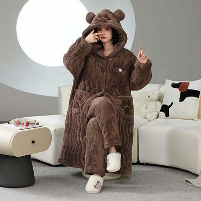 冬季珊瑚绒睡衣女款冬季睡袍加绒加厚保暖连帽浴袍三层夹袄1213w