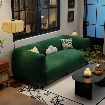 复古绿色布艺沙发公寓接待休息区直排小户型客厅绒布双三人小沙发