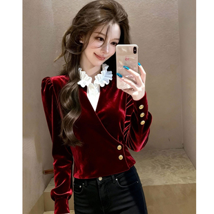 2025秋冬新款法式荷叶边立领拼接收腰修身红色丝绒假两件短款衬衫