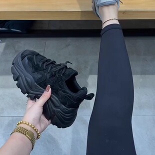 潮牌真皮松糕底机车老爹鞋女2025春秋ins潮网红超厚底休闲运动鞋