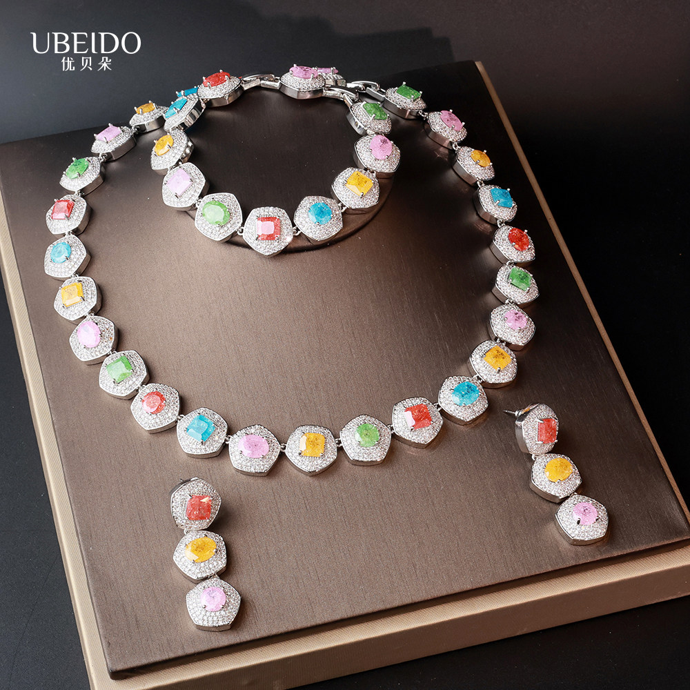 UBEIDO跨境新款彩色锆石首饰套装轻奢高级感星项链耳环手链三件套