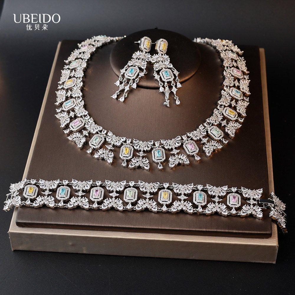 UBEIDO奢华重工锆石首饰品三件套新娘婚宴会满钻项链耳环手链套装