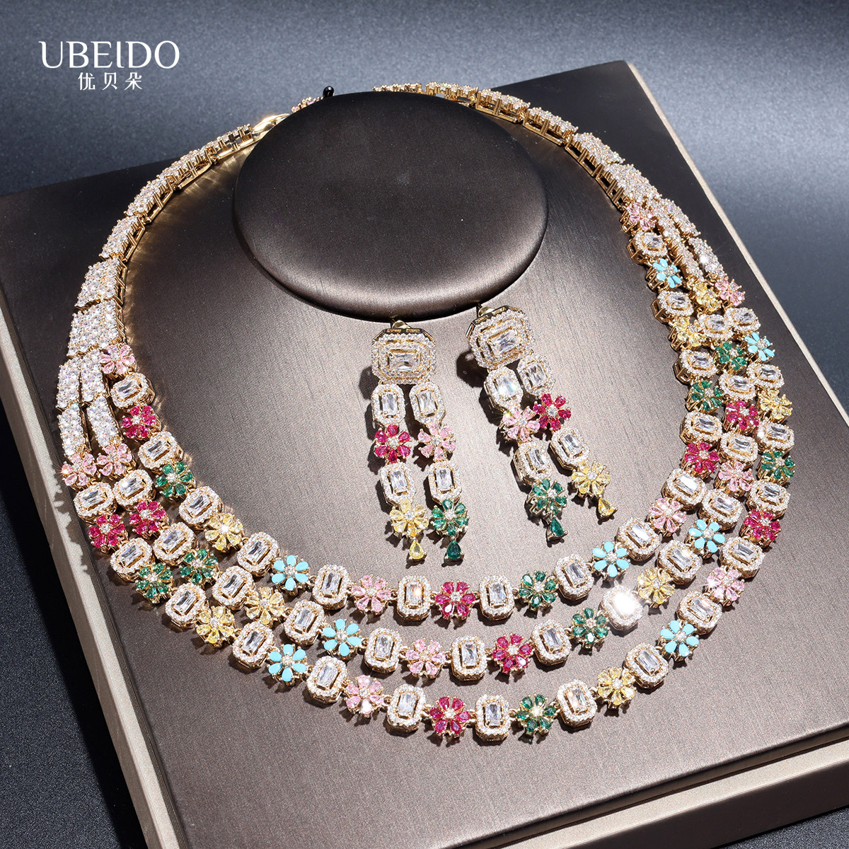 优贝朵多层锆石花朵项链耳环套装
