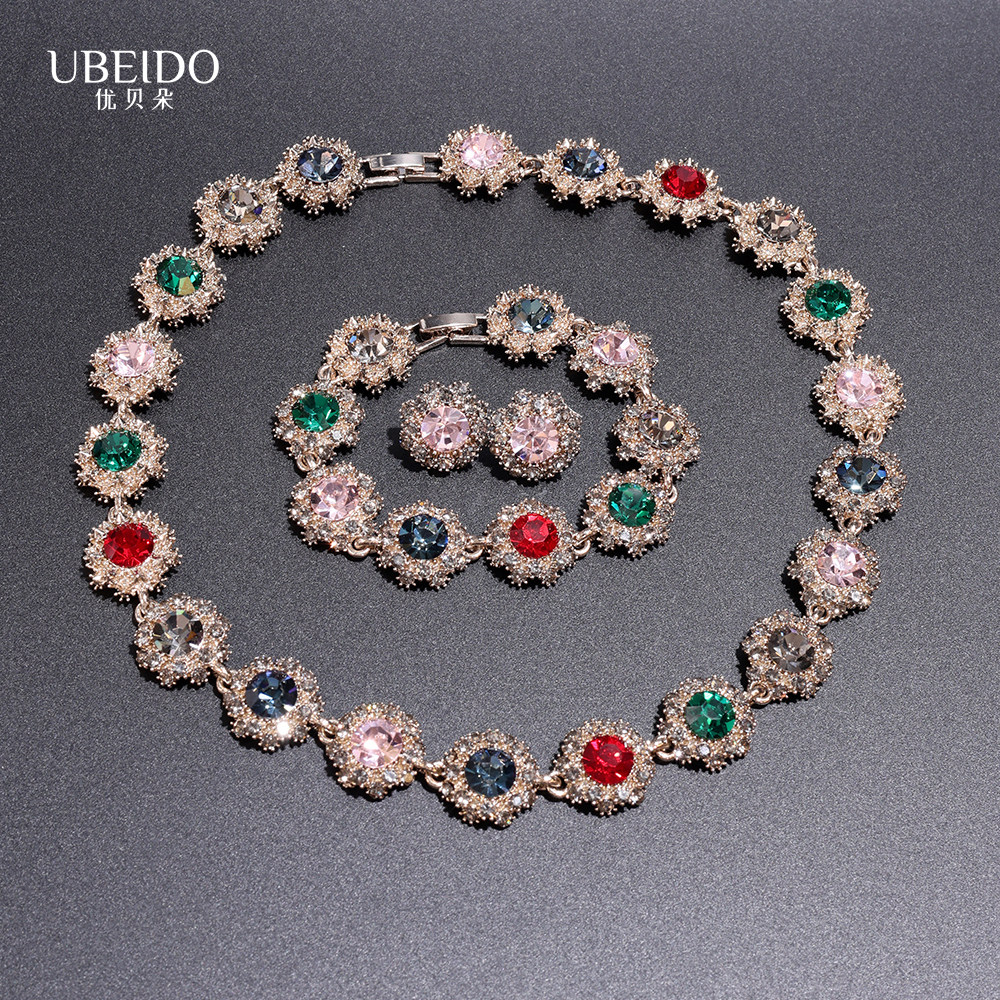 UBEIDO仿水晶项链手链耳钉三件套蓝水宝流光溢彩锆石套装礼服配饰