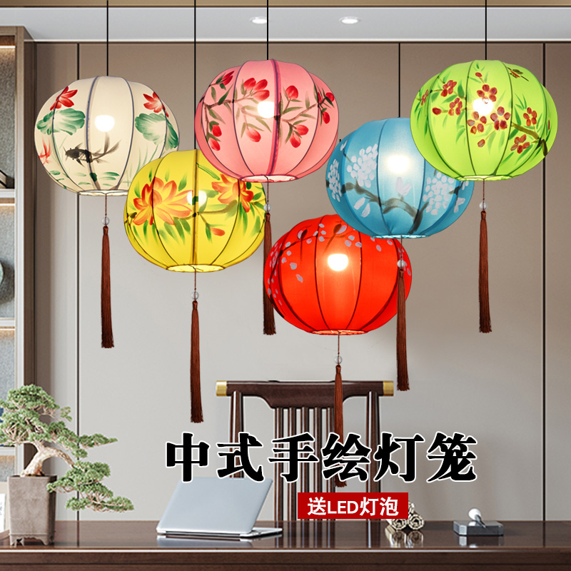 中式灯笼吊灯国风布艺手绘彩色圆形街道景区餐厅饭店商场婚礼装饰