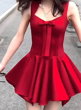 玫瑰人生短裙夏季收腰显瘦大裙摆公主裙蝴蝶结千金感无袖连衣裙女