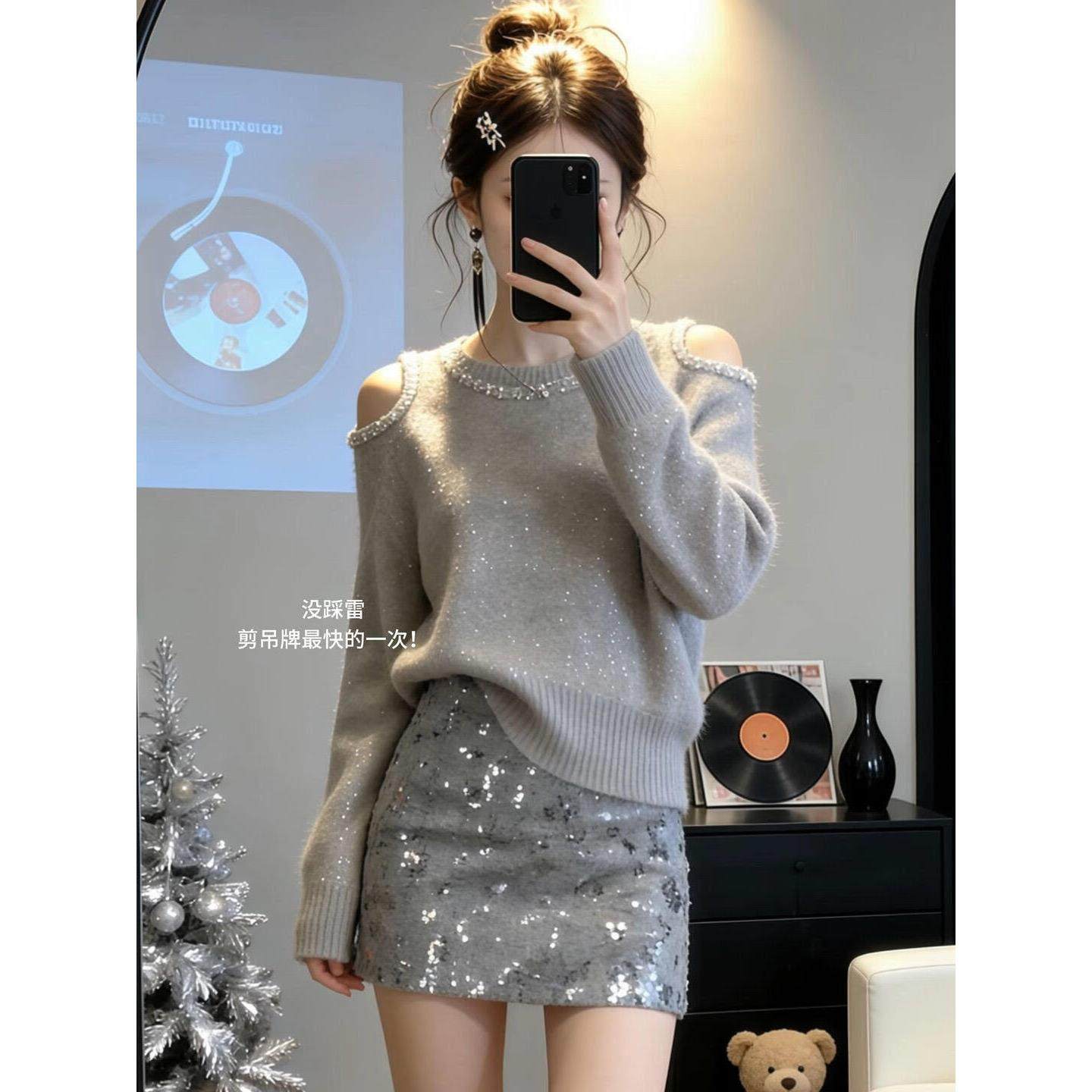 独特漂亮冬装一整套小香风套装露肩针织毛衣高腰亮片半身裙两件套,女装/女士精品,时尚套装,淘宝优惠券,粉丝福利购,淘宝优惠卷