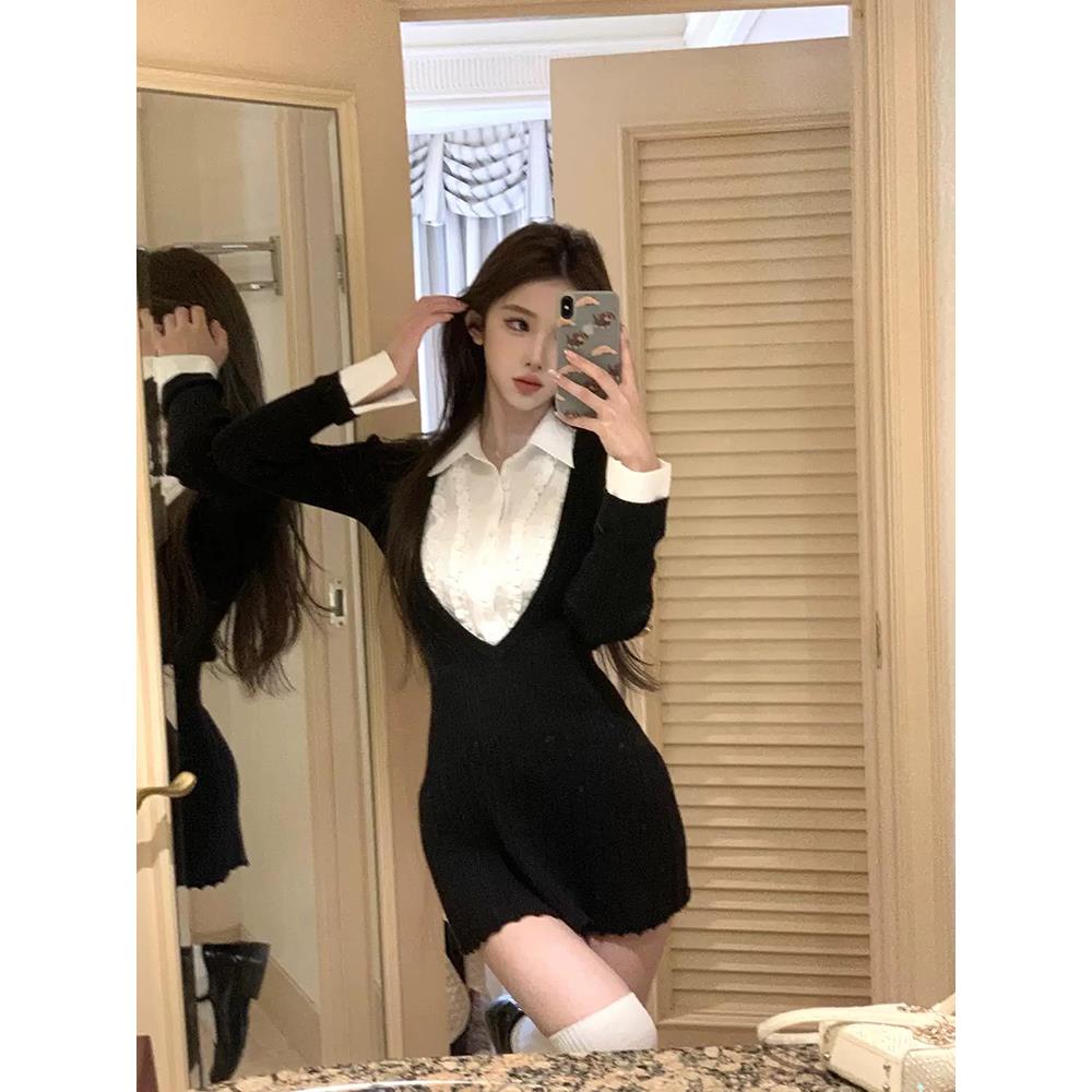 法式纯欲黑色假两件连衣裙