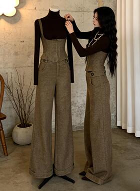 气质一整套ootd穿搭复古背心上衣高领打底衫休闲阔腿裤三件套26春
