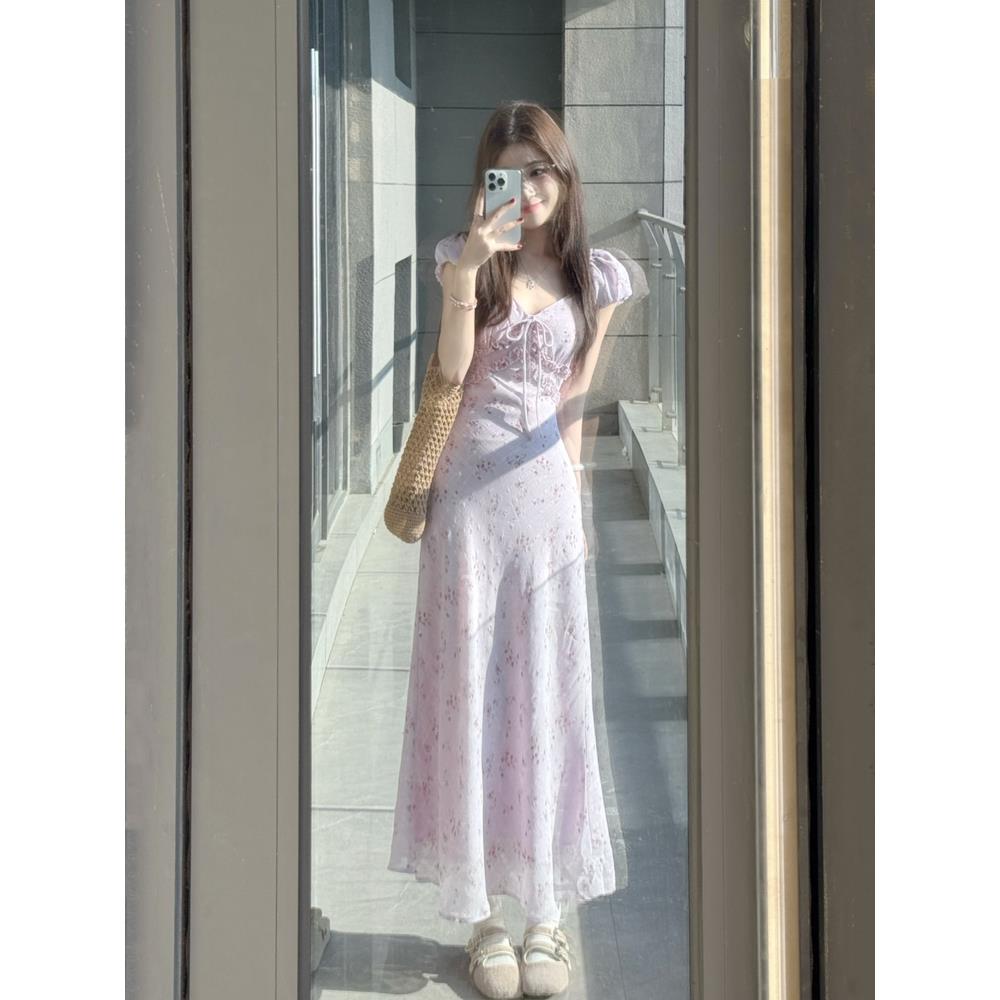 紫色碎花连衣裙女海边度假长裙子