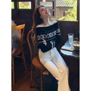 2025秋冬巨好看独特漂亮慵懒松弛感温柔气质黑色一字肩毛衣上衣女