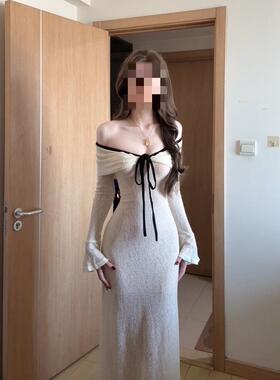 春秋季新款喇叭袖一字肩长袖连衣裙设计感修身包臀生日礼服裙子女