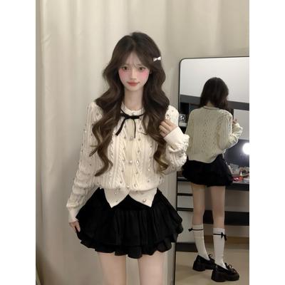 小香风蝴蝶结麻花针织开衫上衣女