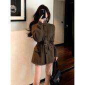 出席重要场合 裙子小个子气质收腰小香风立领咖色针织连衣裙女冬