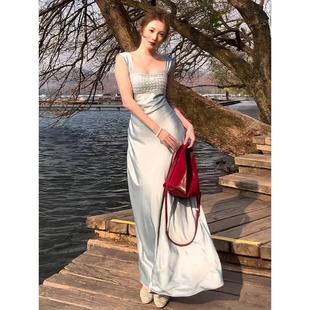 蓝色吊带连衣裙高级感法式party小礼服重工珠片缎面生日裙子长裙