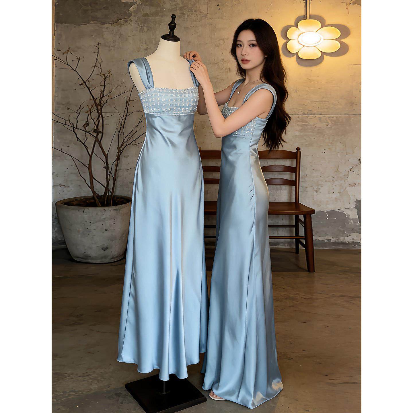 重工珠片缎面吊带连衣裙女高级感轻奢气质名媛生日宴会礼服长裙子