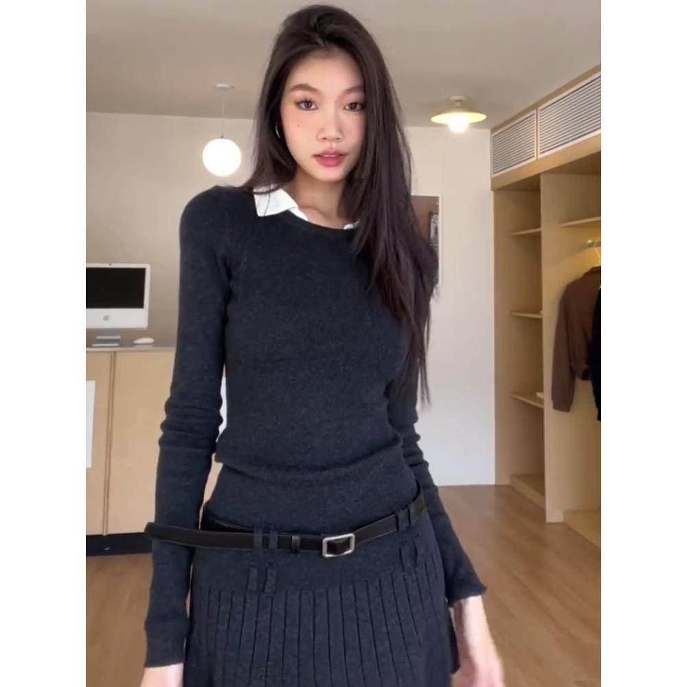 美式假两件衬衫领针织连衣裙女秋冬学院风修身显瘦百褶拼接辣妹裙,女装/女士精品,连衣裙,淘宝优惠券,粉丝福利购,淘宝优惠卷