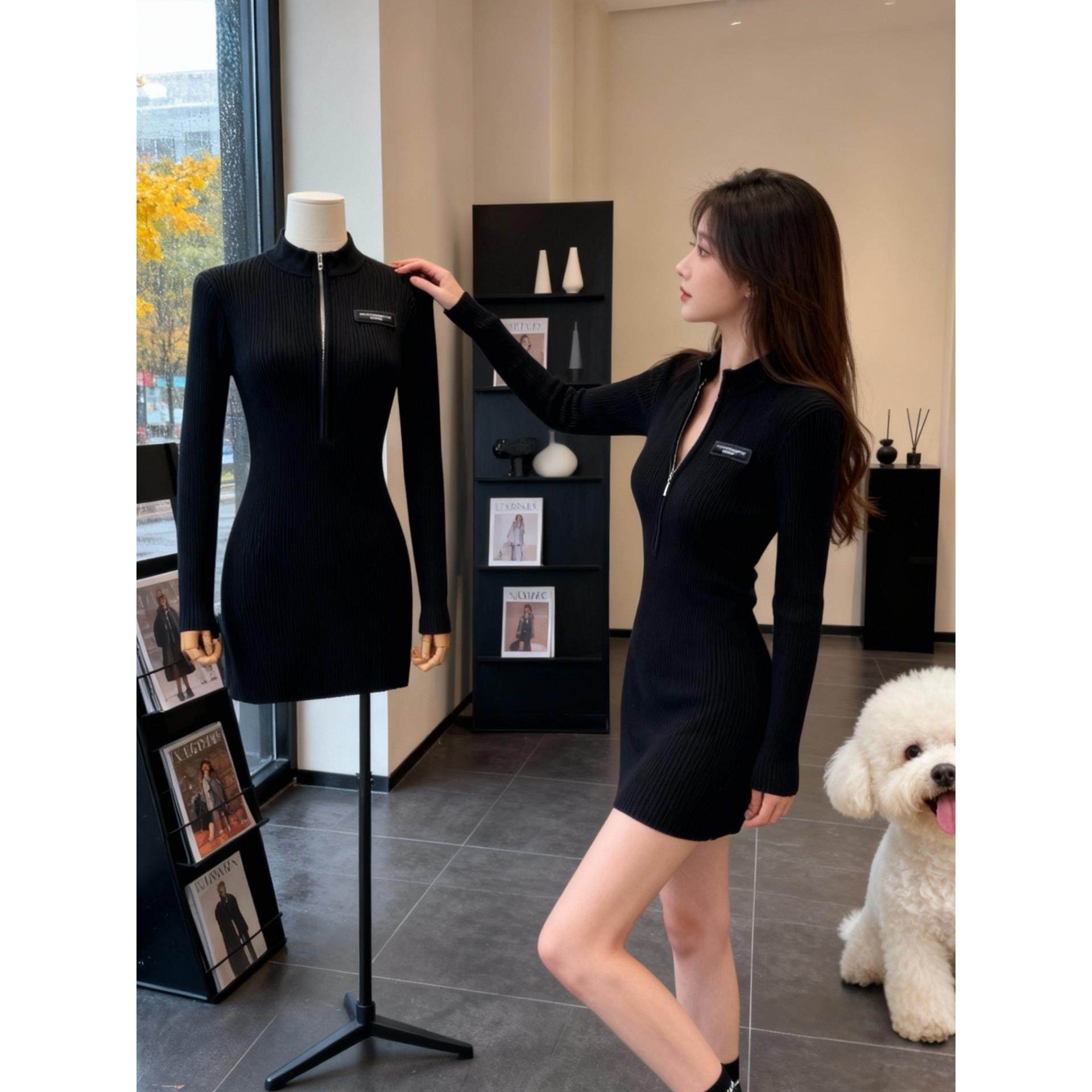 赫本风半高领拉链针织连衣裙