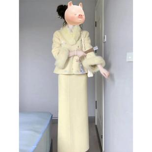 独特绝美小套装冬装高级感黄色新中式国风毛呢外套半身裙两件套裙