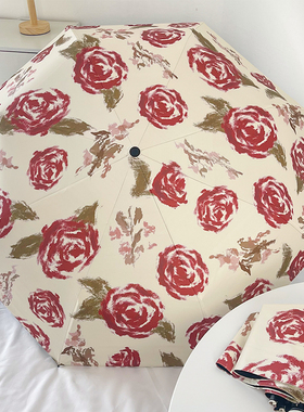 抖音伞厂红色玫瑰花复古轻奢风遮阳伞雨伞太阳伞学生自动黑胶防晒