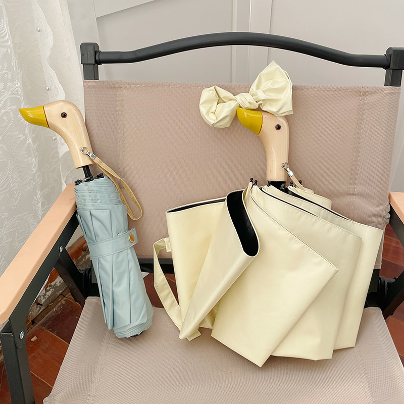 ins可爱鸭子手柄~雨伞女折叠晴雨两用黑胶遮阳伞防晒紫外线太阳伞