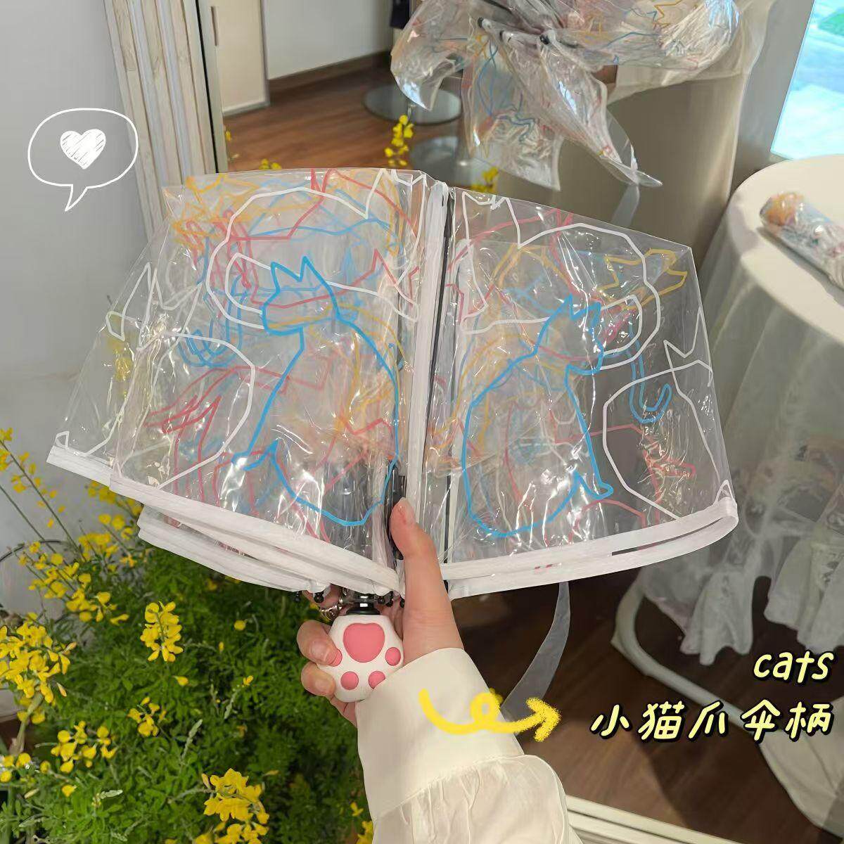 猫咪卡通折叠全自动透明雨伞