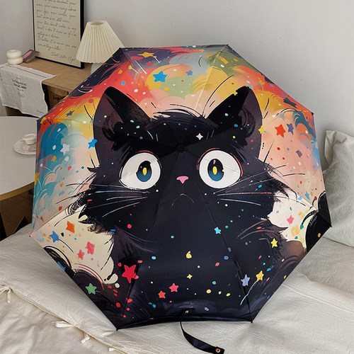 新款抗风耐用卡通彩星小黑猫遮阳伞雨伞太阳伞学生自动黑胶防晒