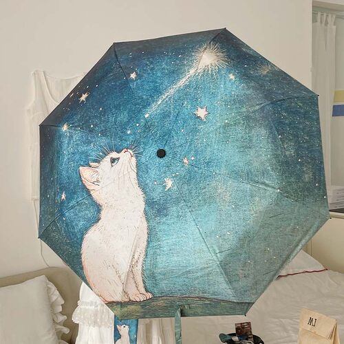 星空下的猫猫三折手动款潮流全自动遮阳伞太阳伞雨伞防紫外线学生