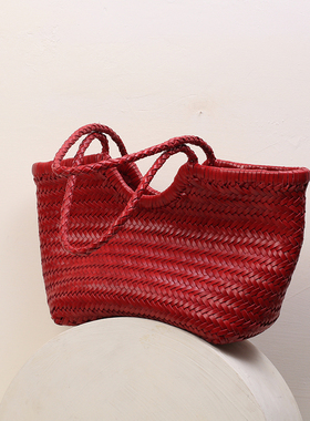 Dragon法式复古头层牛皮真皮手工编织包包手提包单肩菜篮子包8822