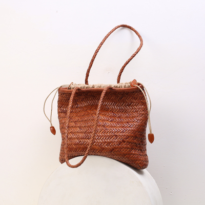 dragon头层牛皮手工编织包包真皮托特大包大容量复古手提单肩女包