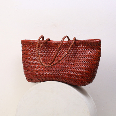 dragon夏季真皮手工编织包包头层牛皮菜篮子单肩手提托特包大容量