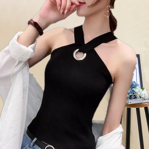 大码女装弹力修身小吊带挂脖背心