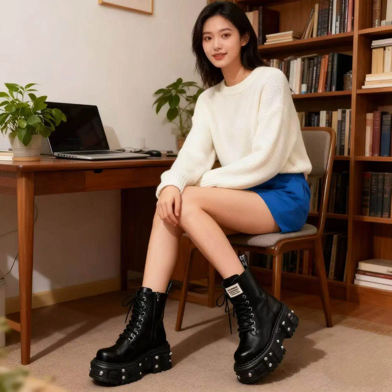 柳丁厚底棉靴厚底马丁靴女系带铆钉装饰机车靴爆款小个子2025短靴