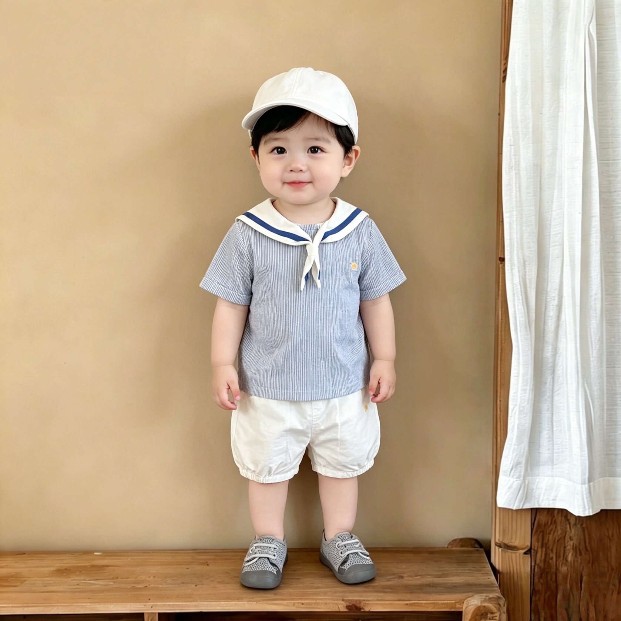 韩版婴儿衣服夏季蓝色条纹海军领短袖短裤套装男女童宝宝夏天外出图片