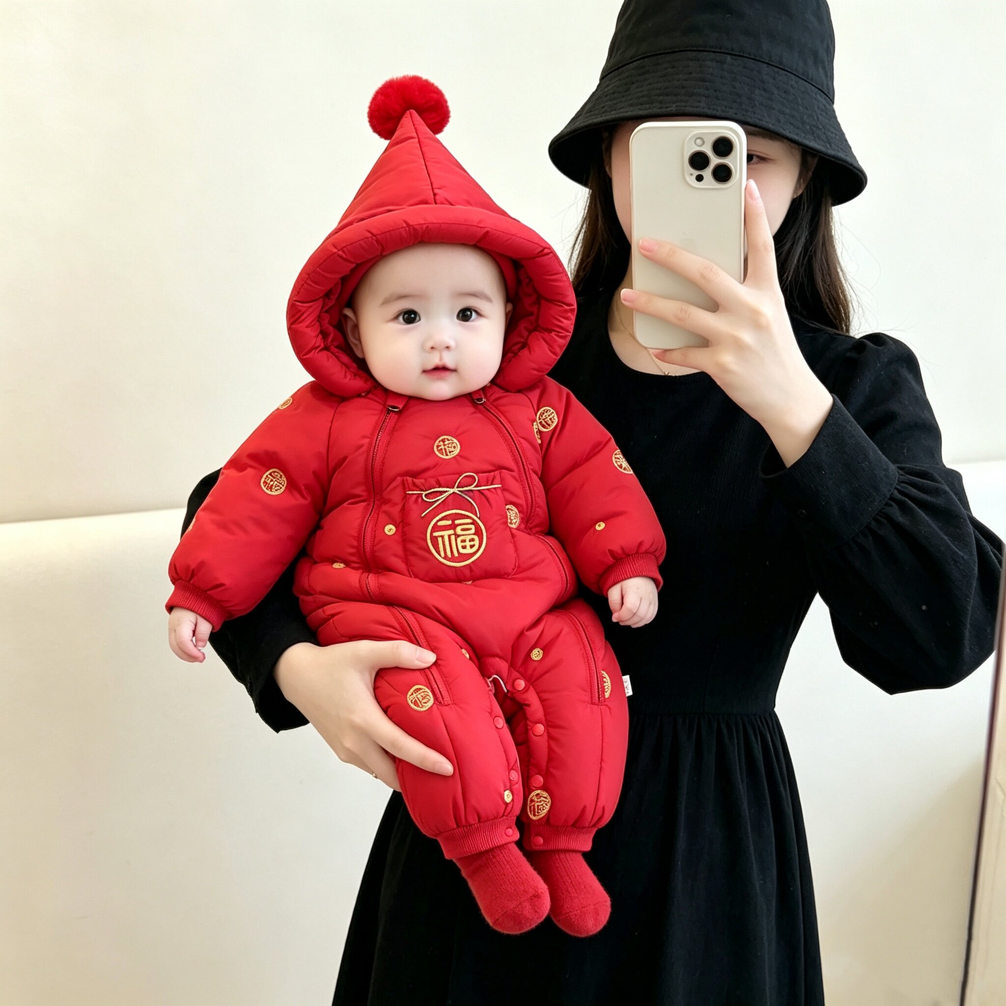 婴儿拜年服羽绒服连体衣冬季小月龄01岁男女宝宝冬装加厚外出鸭绒