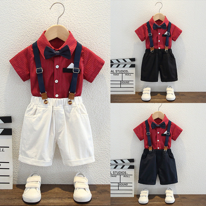 婴儿夏天衣服周岁礼服0-1岁男宝宝绅士背带裤套装小少爷西装生日2