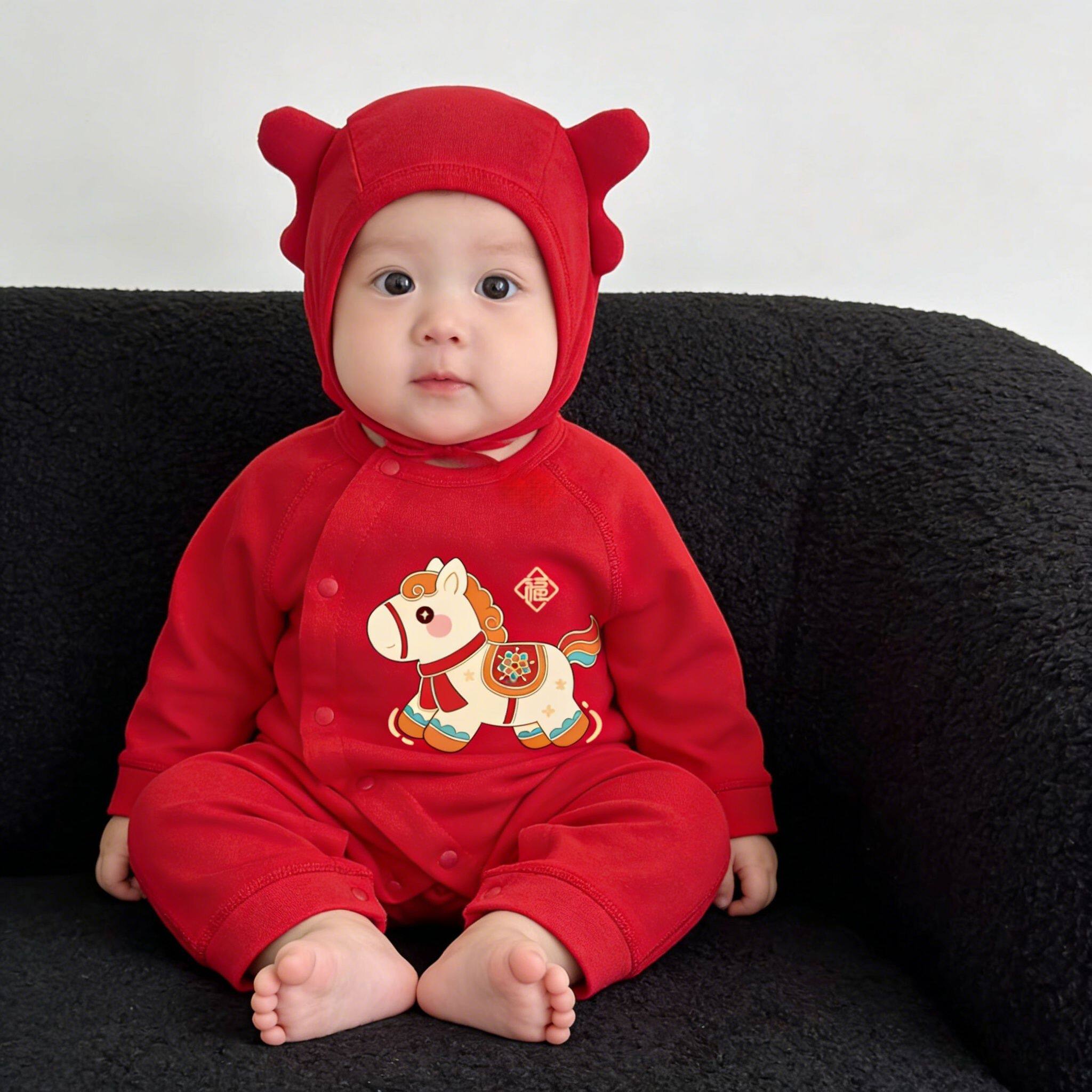 满月新生婴儿衣服春秋装红色喜庆百天男女宝宝春装拍照连体衣纯棉