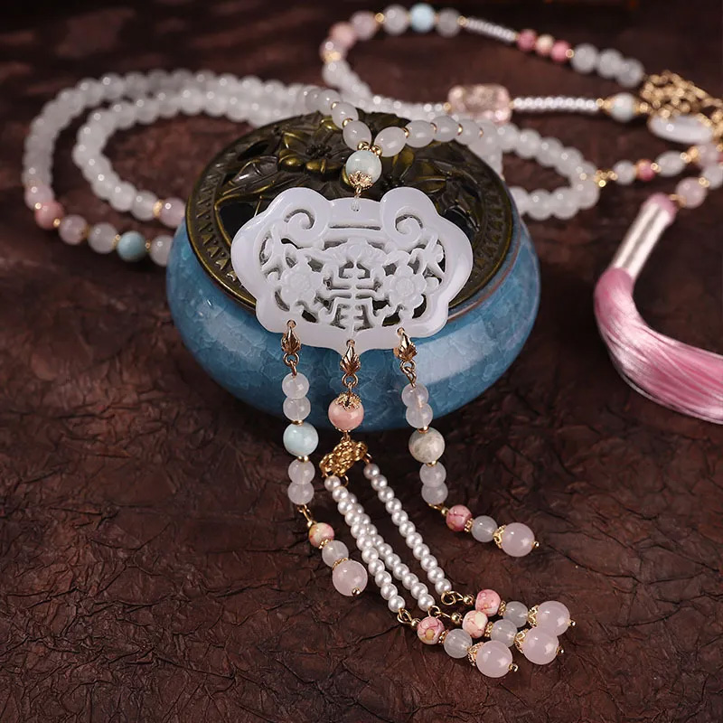 新中式汉服古风粉色璎珞长款流苏背云复古斜挎项链项圈旗袍配饰品