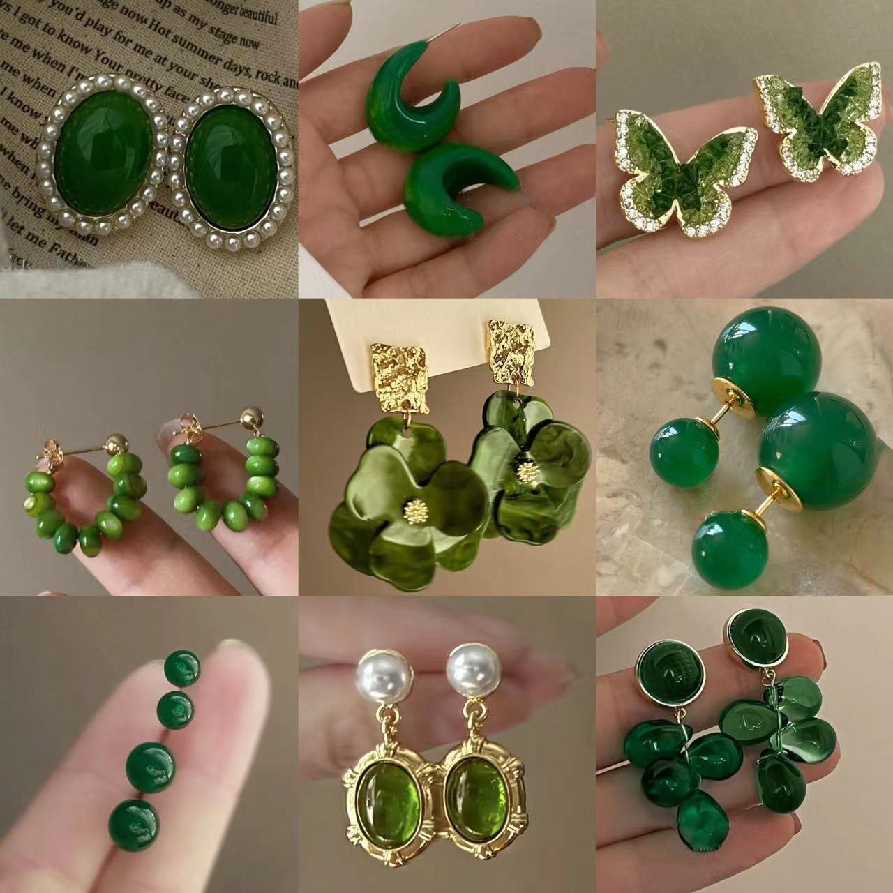 祖母绿色系蝴蝶花朵珍珠耳钉女图片