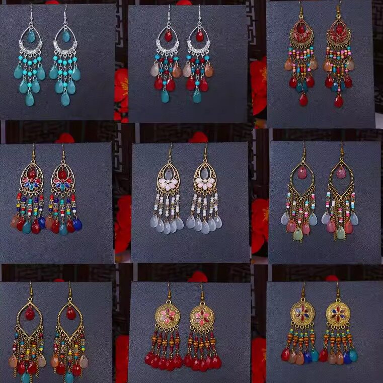 高级感女款波西米亚水滴流苏耳环女耳坠复古民族风个性彩色耳饰品