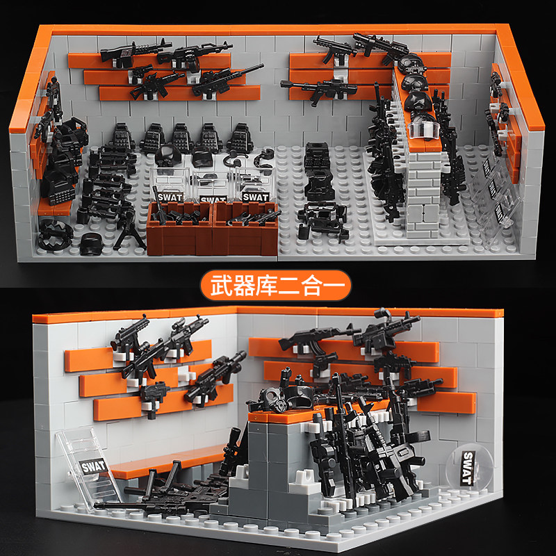 乐高军事积木人仔moc武器展示架枪械房军火库小男孩拼装玩具礼物