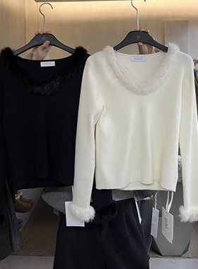 RN2025秋冬新款韩系V领毛毛羊毛针织衫女宽松显瘦百搭毛衣打底衫