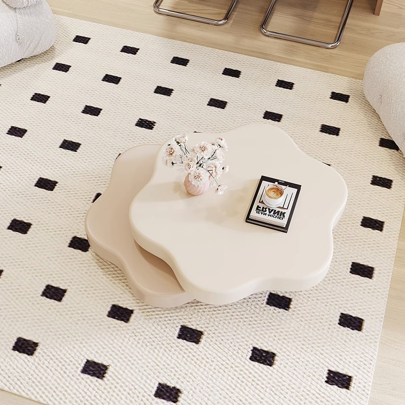 奶油风花朵旋转茶几悬浮小户型