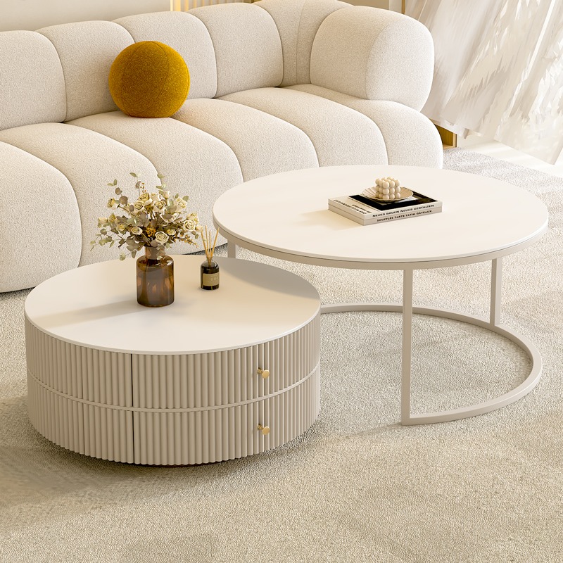 奶油风轻奢网红茶桌组合纯白岩板圆形茶几客厅家用简约现代小户型