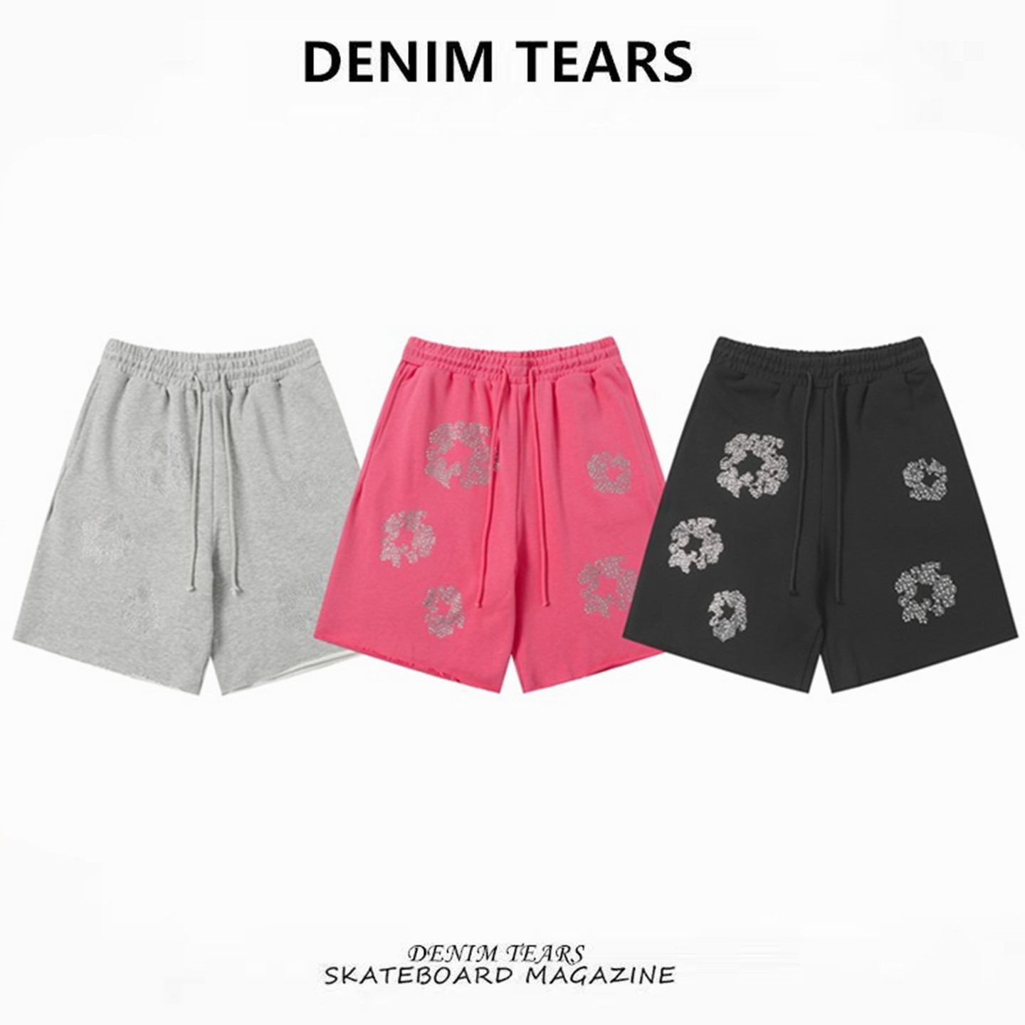 FOG高街DENIM TEARS美式潮牌木棉花烫钻夏季宽松五分运动休闲短裤