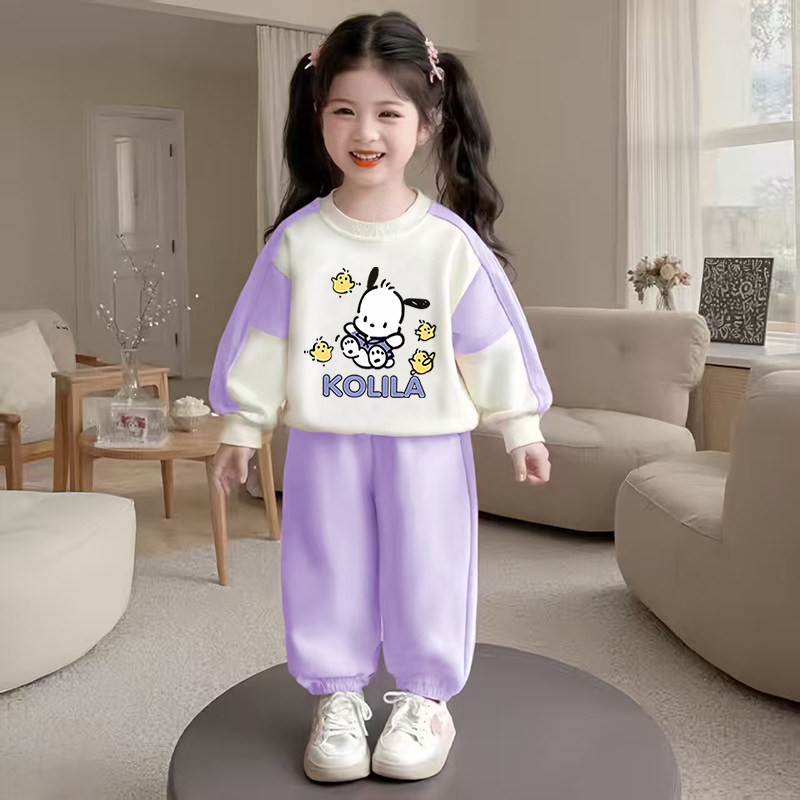 秋季2025新款女卡通帕洽狗印花休闲宽松圆领长袖儿童卫衣运动套装