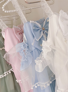 逗酱原创Lolita夏季小雪糕甜裙三段式纯色jsk珍珠吊带飞袖连衣裙