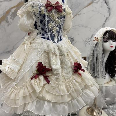 逗酱原创Lolita洋装白雪姬晚宴露肩短袖花嫁华丽精致洛丽塔连衣裙