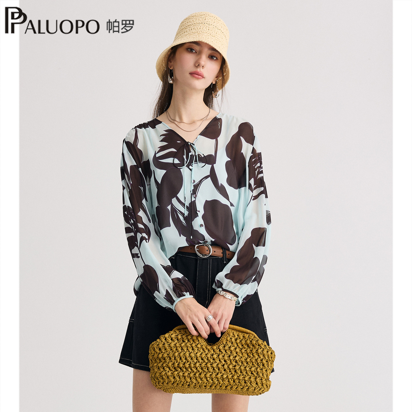 PALUOPO/帕罗26夏季真丝印花衬衫女长袖V领上衣【两件套带吊带】
