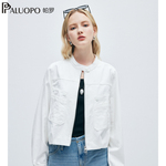 帕罗春日穿搭纯棉圆领简约牛仔上衣小个子长袖夹克短外套女开衫